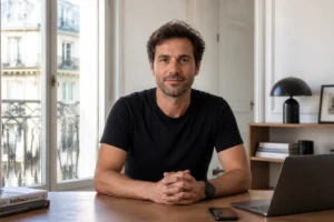 Portrait d'entrepreneur français dans un appartement minimaliste parisien, bureau en bois épuré, lumière naturelle