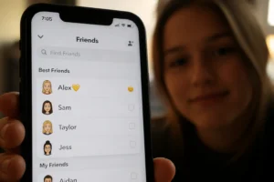 Écran Snapchat affichant un cœur jaune à côté d'un contact dans la liste d'amis