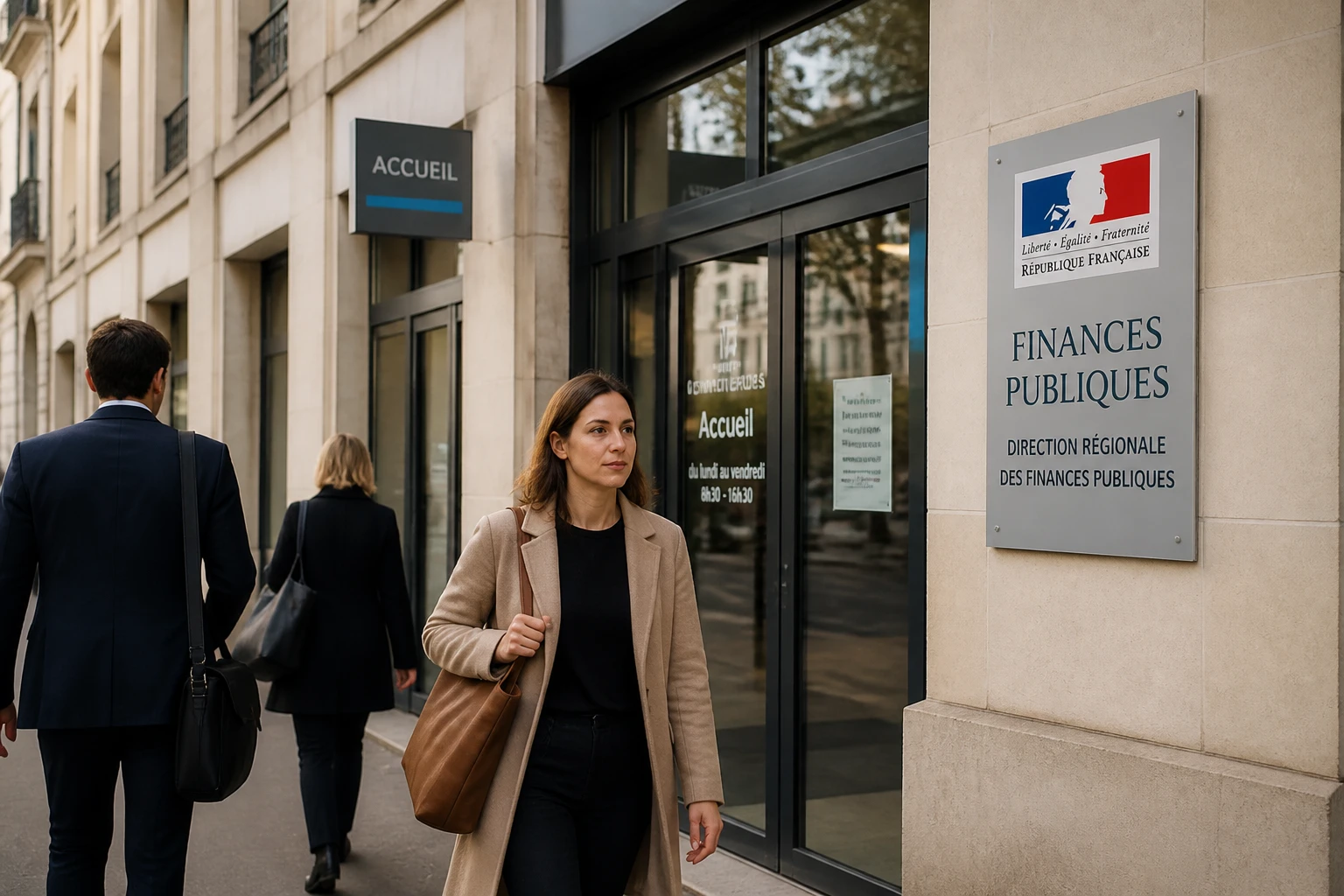 Immeuble administratif français avec des salariés en mouvement, symbolisant les aides au logement en entreprise