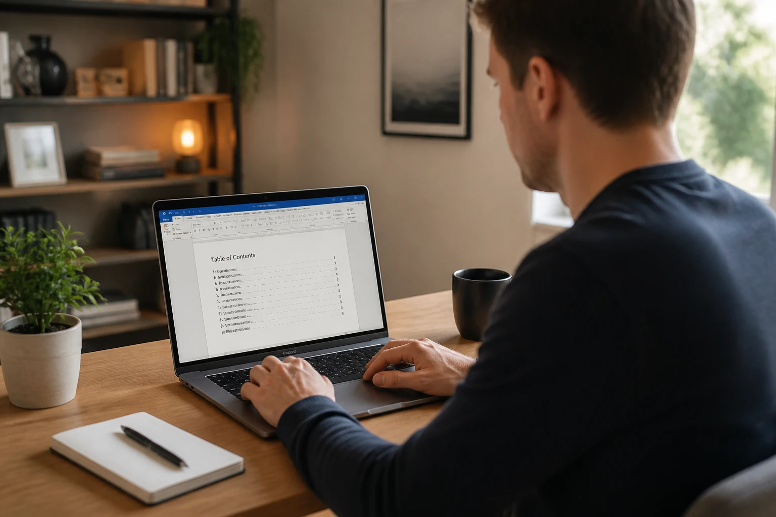 Personne travaillant sur Word avec un sommaire automatique visible à l'écran sur un bureau moderne