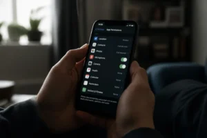 Personne inspectant les paramètres de son smartphone pour détecter une application espion