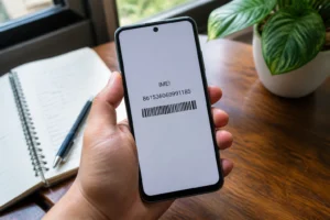 Main tenant un smartphone affichant un numéro IMEI sur fond de bureau en bois éclairé naturellement