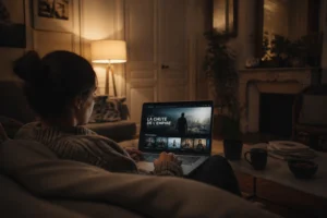 Personne regardant un film en streaming sur un ordinateur portable dans un salon