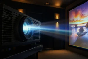 Vidéoprojecteur DLP projetant une image avec un effet arc-en-ciel visible sur écran blanc dans une salle sombre
