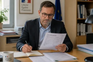 Agent de la fonction publique vérifiant ses bulletins de salaire pour anticiper le demi-traitement