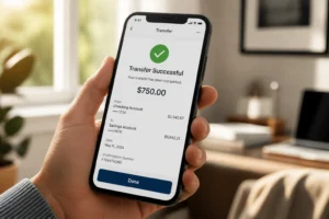 Notification de virement reçu sur une application bancaire mobile, lumière matinale