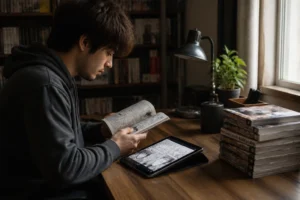 Jeune adulte lisant un manga sur tablette avec des volumes papier empilés sur un bureau éclairé naturellement