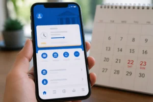 Smartphone affichant une application bancaire avec un virement en attente le samedi matin