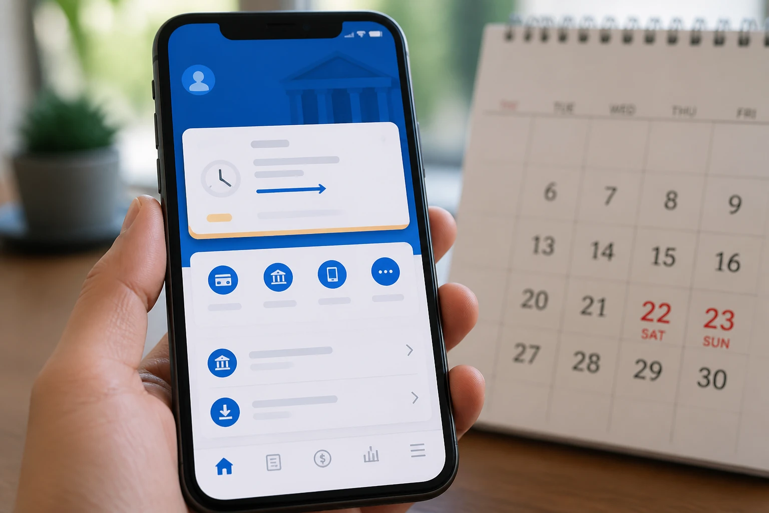 Smartphone affichant une application bancaire avec un virement en attente le samedi matin