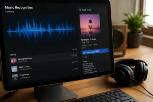 Écran PC affichant une interface de reconnaissance musicale avec visualisation de forme d'onde et casque audio posé sur le bureau