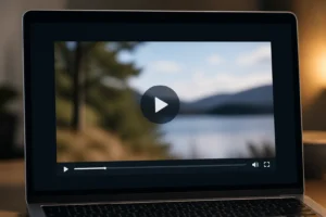 Écran d'ordinateur affichant un lecteur vidéo minimaliste sur fond sombre, éclairage studio