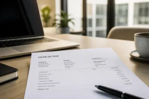 Fiche de paie belge posée sur un bureau de travail moderne, lumière naturelle