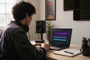Personne utilisant une interface de génération musicale IA sur ordinateur portable dans un espace de travail moderne
