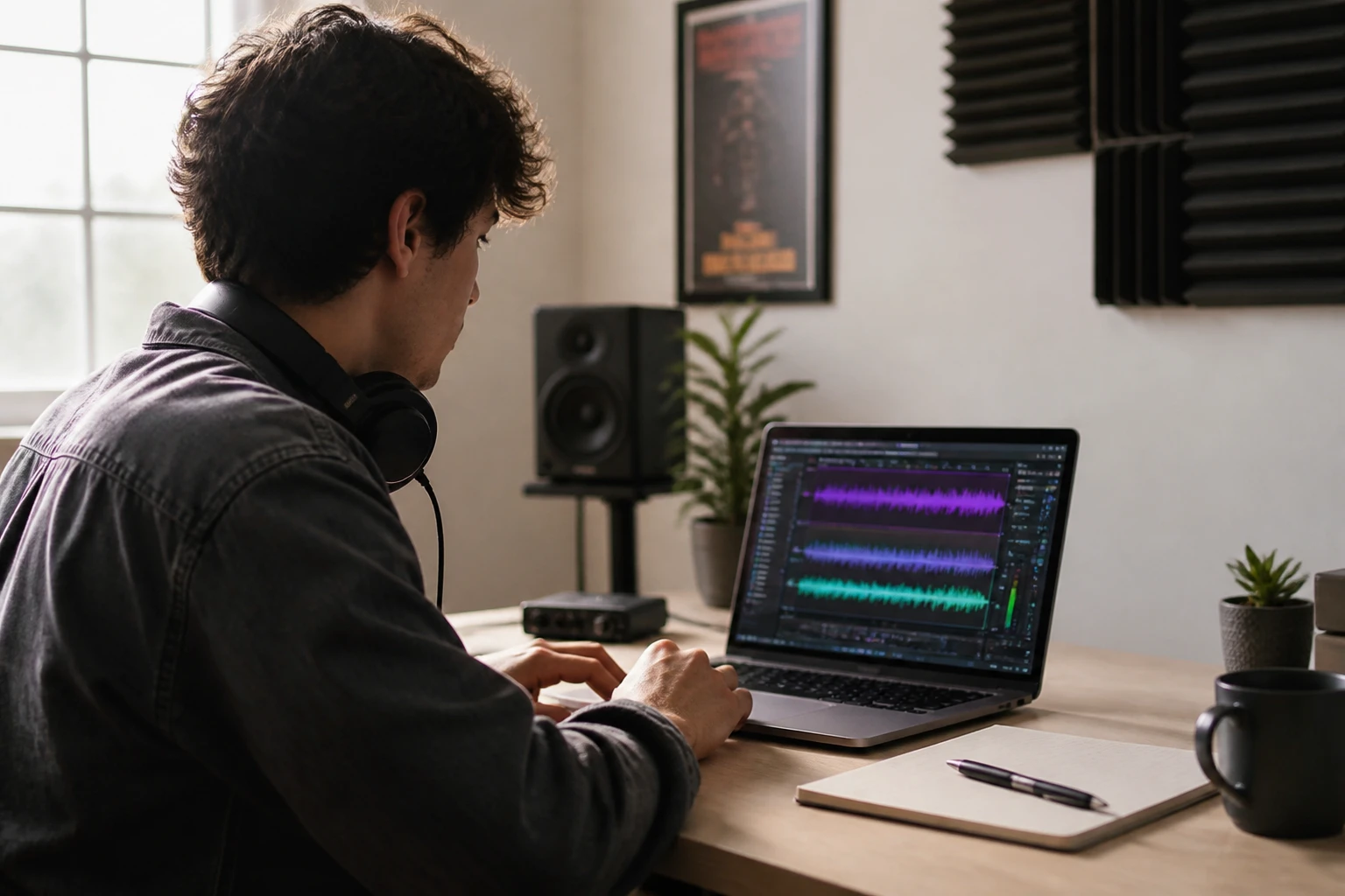 Personne utilisant une interface de génération musicale IA sur ordinateur portable dans un espace de travail moderne