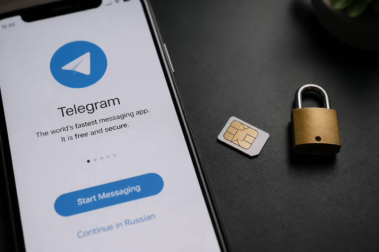 Smartphone affichant l'écran de connexion Telegram à côté d'une carte SIM et d'un cadenas symbolisant l'anonymat