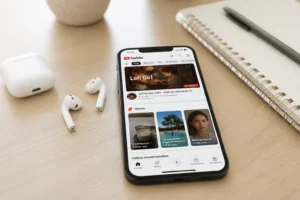 Smartphone affichant YouTube Premium posé sur un bureau avec des écouteurs sans fil