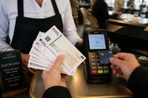 Paiement en caisse avec tickets restaurant papier et carte dématérialisée dans un restaurant français