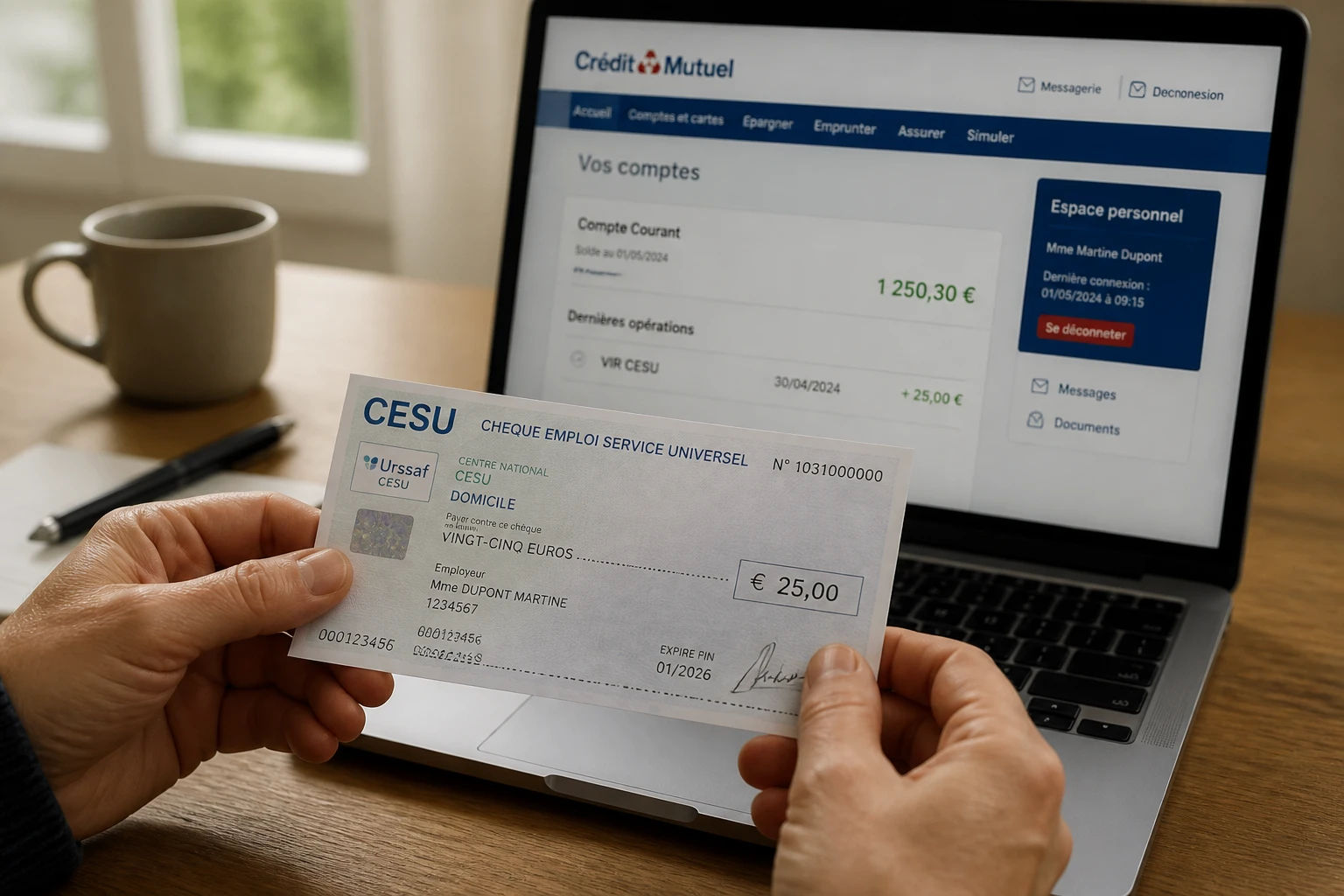 Mains tenant un chèque CESU au-dessus d'un bureau avec ordinateur ouvert sur un site bancaire français