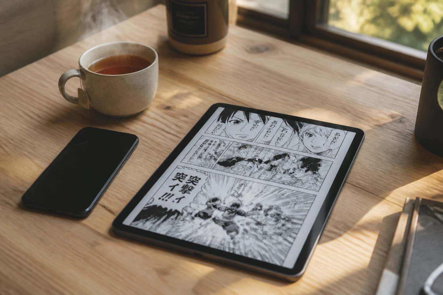 Tablette numérique affichant une page de manga sur un bureau, avec smartphone et tasse de thé