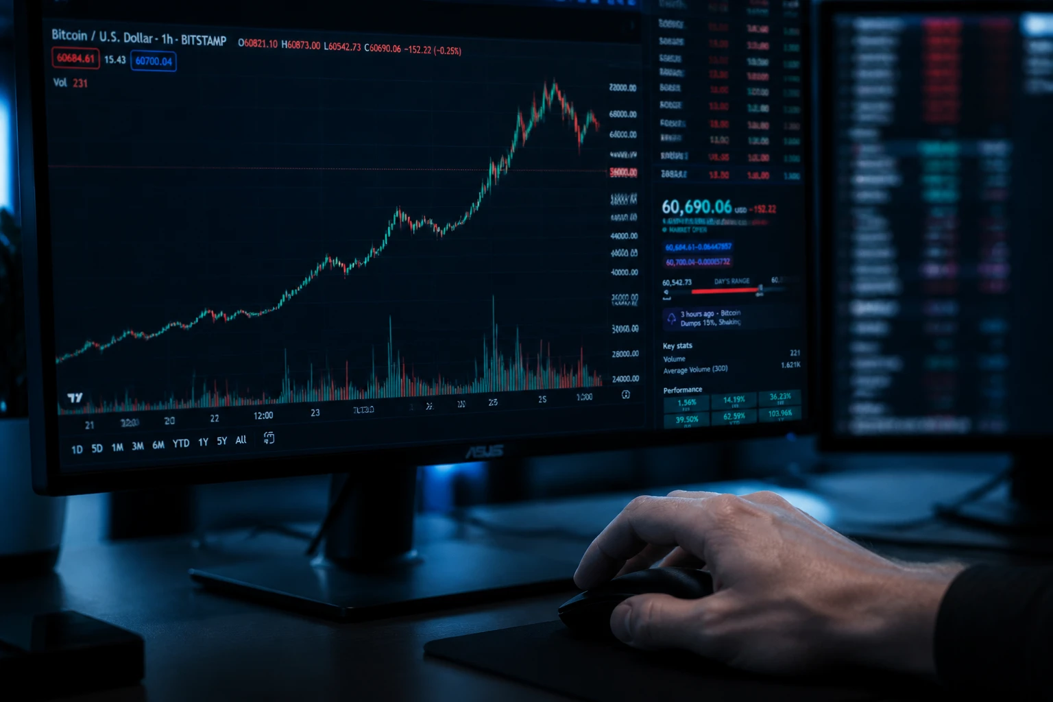 Écran de trading affichant un graphique Bitcoin volatil avec correction visible, ambiance bureau financier