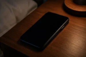 Smartphone éteint posé sur une table de nuit, aucune émission d'ondes radio visible