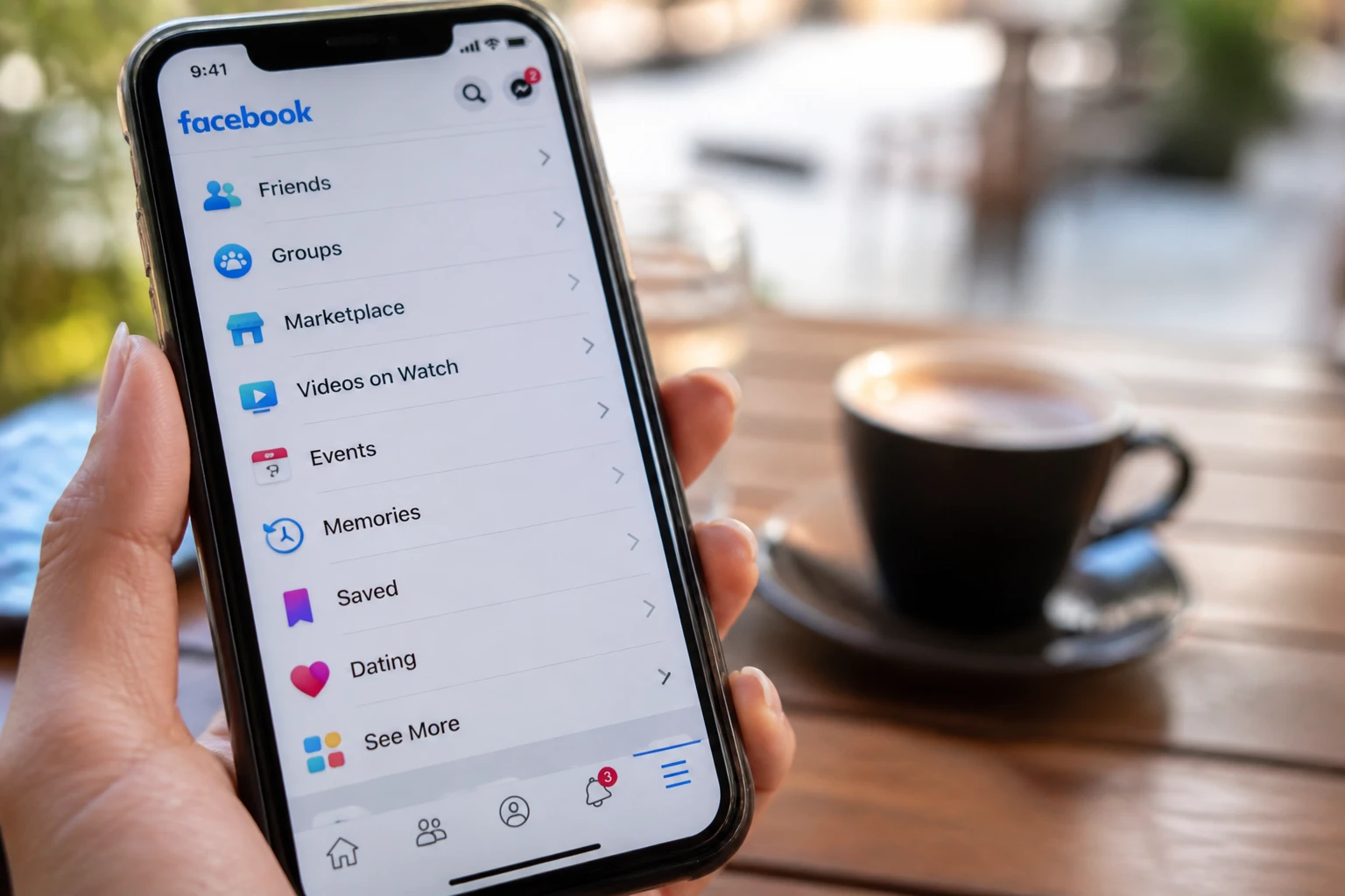 Écran de smartphone affichant l'application Facebook avec l'icône de la fonctionnalité Rencontre dans le menu de navigation