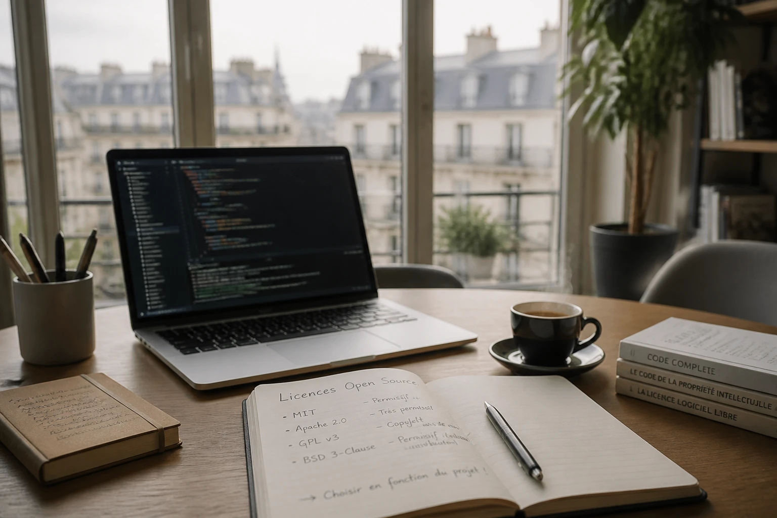Bureau moderne avec ordinateur affichant du code source et carnet de notes sur les licences libres