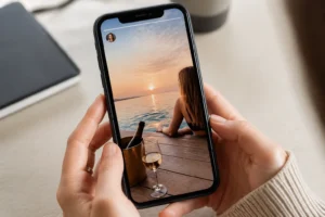 Smartphone affichant des stories Instagram sur fond de bureau clair, vue de dessus