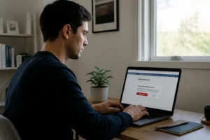 Personne devant un ordinateur portable prête à supprimer un compte Telegram sur un navigateur web